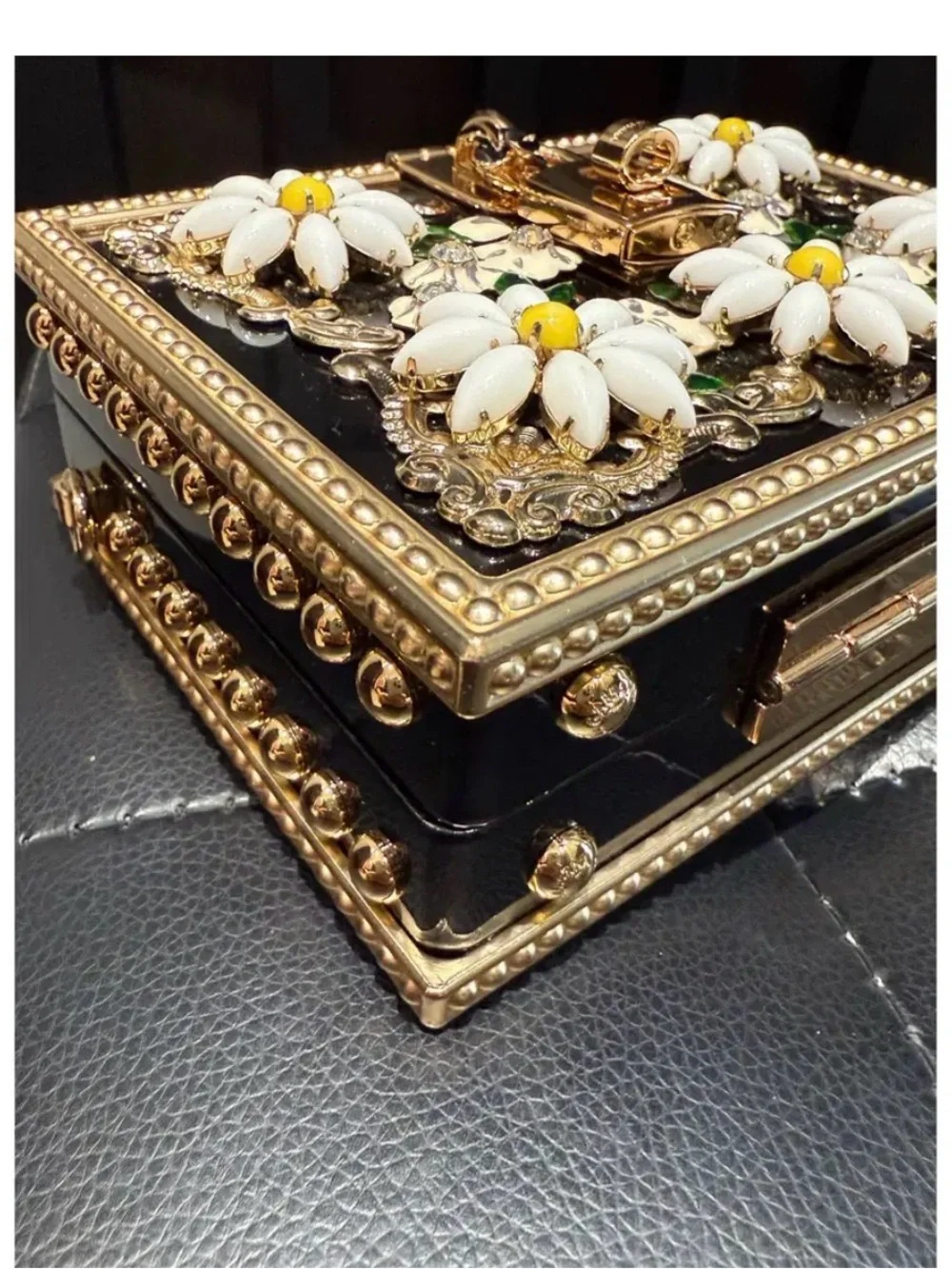 Dolce & Gabbana Gold Floral Daisy Box Clutch - Black/White/Yellow